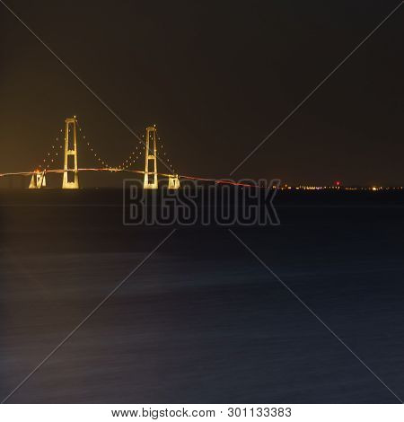 The Bridge Across The Great Belt - The Storebaelt Bridge In Denmark, Night Time.