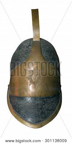 Roman Centurion Helmet Isolated On White Background. Vintage Roman Centurion Helmet .