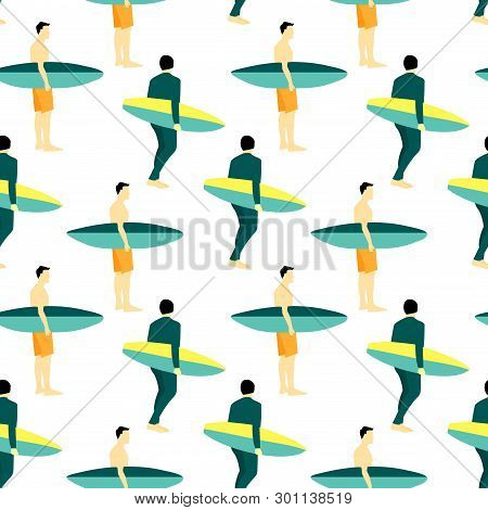 Seamless Pattern With Serfing Men With Board. Modern Simple Flat Design.