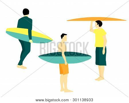 Vector Illustration  With Serfing Men With Board.  Modern Simple Flat Design.