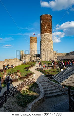 Checiny, Swietokrzyskie / Poland - May, 1, 2019: Old Historic Ruins Of The Royal Castle. A Stronghol
