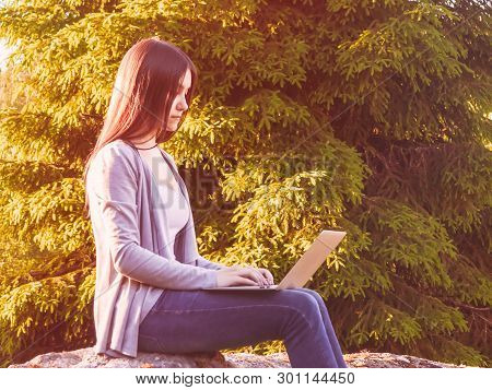 Young Beautiful Girl Is Working On A Laptop While Sitting On A Big Rock In The Forest. Freelance Con