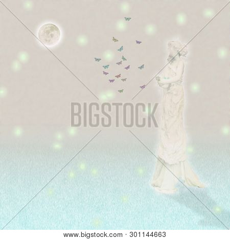 Woman`s marble statue and butterflies. Glowing moon. 3D rendering