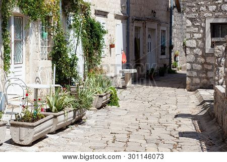 Medieval Street In The Old City Of Perast In Boka Kotor Bay, Montenegro