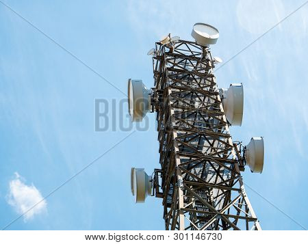 Germany - May 21, 2017: Low Angle View With High Efficiency Bosch Communication Antennas Used For Ci