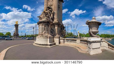 Entrance To Alexandre Bridge In Paris On A Bright Sunny Day, Panorama Image