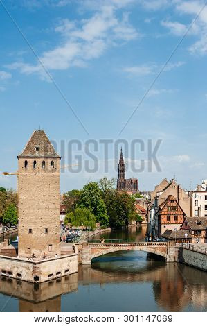 Strasbourg, France - May 5, 2013: Vertical Tilt-shift Lens Over Les Ponts Couverts Gedeckte Brucken 