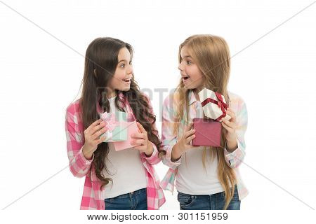 Perfect Present For Teen. Birthday Present. Girls Sisters Or Friends Hold Gift Boxes. Intriguing Mom