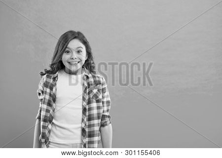 Sincere Excitement. Kid Girl Long Healthy Shiny Hair Wear Casual Clothes. Exciting Moments. Little G