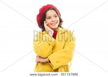 Parisian Daydreamer. Small Parisian Girl With Happy Face. Childrens Day. France Autumn Style. Childh