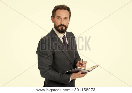Businessman Planning Schedule Hold Notepad. Time Management And Organizing Skill. Man Bearded Manage