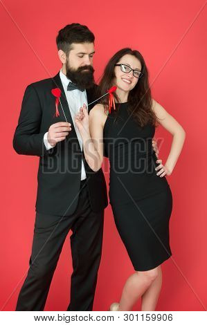 Love Date And Romance. Formal Couple. Business Meeting. Valentines Day Heart. Bearded Businessman Wi