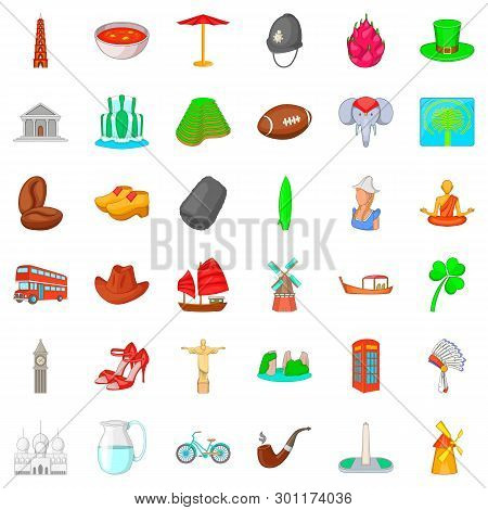 London Icons Set. Cartoon Style Of 36 London Icons For Web Isolated On White Background