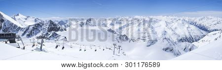 Panoramic Landscape View From Top Of Wildspitz On Winter Landscape With Snow Covered Mountain Slopes