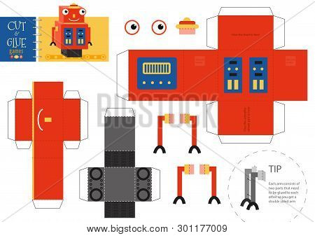 Cut And Glue Robot Toy Vector Illustration. Paper Craft And Do It Yourself Worksheet With Funny Robo
