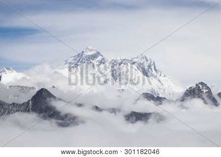 Scenic View Of Mount Everest 8,848 M And Lhotse 8,516 M At Renjo La Pass During Everest Base Camp Tr