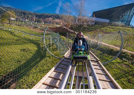 Excited young father and son driving on alpine coaster while enjoying beautiful sunny day in the nature