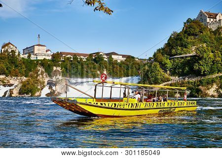 Rhine, Switzerland - September 19, 2018: Tourist Ship On The Rhine River Near The Rhine Falls In Swi
