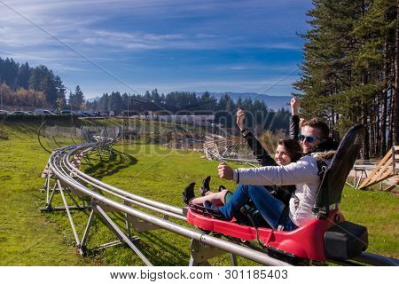 Excited young couple driving alpine coaster while enjoying beautiful sunny day in the nature