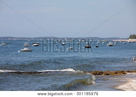Arcachon, France - September 10, 2018: Boats Moored  In Archachon Bay, Gironde, France