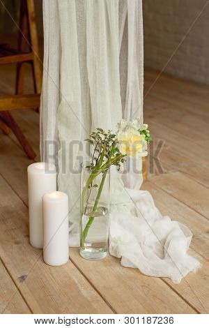 Branch Of Blooming White Peony Tulip Mattiola Branch In A Glass Vase White Wax Candles Stand On The 