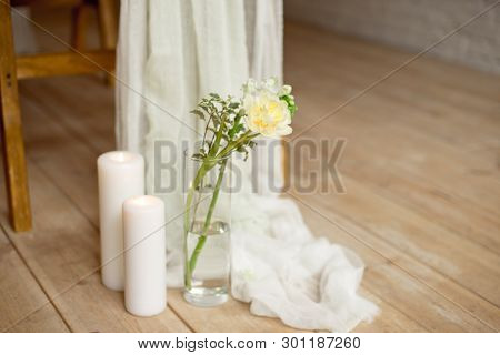 Branch Of Blooming White Peony Tulip Mattiola Branch In A Glass Vase White Wax Candles Stand On The 