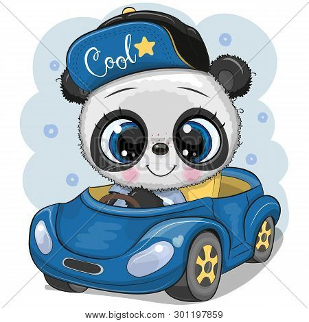 Cute Cartoon Panda Boy In A Cap Goes On A Blue Car