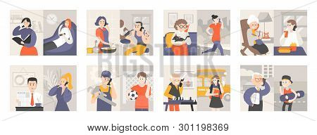 People With Mobile Phones Vector, Man At Work Having Conversation, Woman Cooking, Teenager And Grann