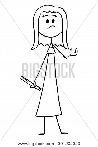 Cartoon Stick Figure Drawing Conceptual Illustration Of Discontent Woman With Rule Or Ruller Showing