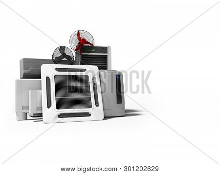 Concept Group Of Ventilation Electrical Appliances For Cooling Rooms And Offices 3d Renderer On Whit