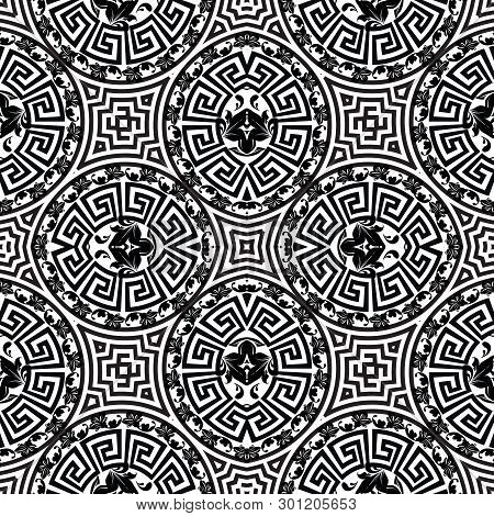Ornamental Black And White Greek Vector Seamless Pattern. Baroque Style Flowers, Leaves. Repeat Orna