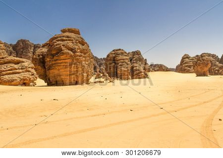 Sahara Desert Landscape.  Amazing Sandstone Rock Formation  At  Tassili Najjer National Park, Algeri