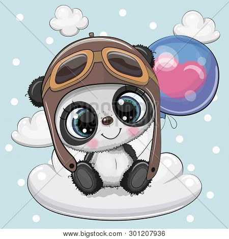 Greeting Card Cute Cartoon Panda In A Pilot Hat With Blue Balloon On A Cloud