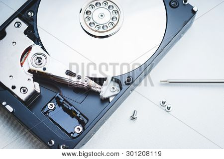 Components For Pc. Open Hard Disk Storage. Recovery And Storage Of Information. Magnetic Disks Insid