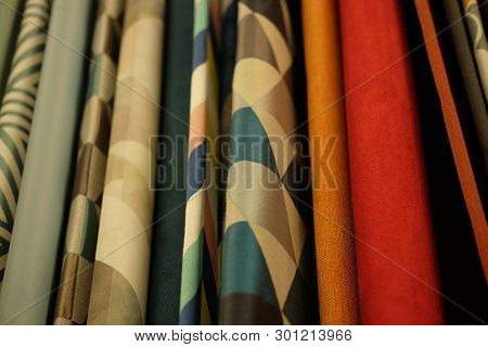 Sale! colorful fabrics in the store, close up