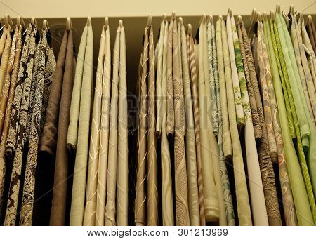 Sale! colorful fabrics in the store, close up