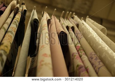 Sale! colorful fabrics in the store, close up