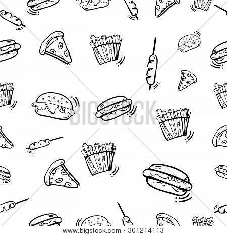Vector Seamless Pattern Hand Draw Sketch, Burger, Hotdog, Sausage, French Fries And Pizza For Wrappi