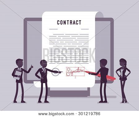 Electronic Document Signature, Contract Page On Screen. Business People Sign Official Paper, Formal 