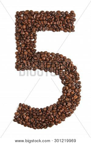 Number 5 From Coffee Beans Isolated On White Background