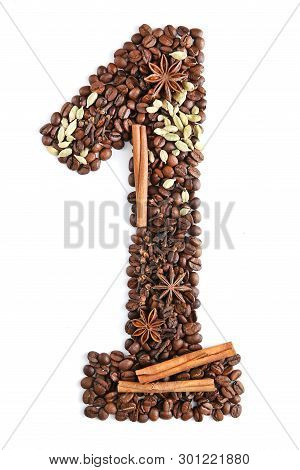 Number 1 From Coffee Beans And Species Isolated On White Background