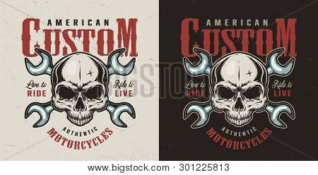 Colorful Motorcycle Repair Service Logotype With Skull And Crossed Wrenches In Vintage Style Isolate