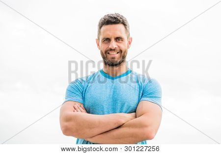 Muscular Male With Beard. Happy Man Isolated On White. Sportsman With Athletic Body. Coach In Fitnes