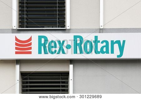 Peronnas, France - April 7, 2019: Rex Rotary Logo On A Wall. Rex Rotary Is A Subsidiary Of Ricoh Spe