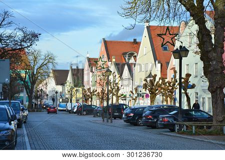 Erding, Germany - November 27, 2017: The Street In Little German Bavarian Town Erding.