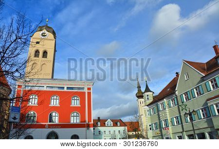 Erding, Germany - November 27, 2017: Landmark Of Little German Bavarian Town Erding.