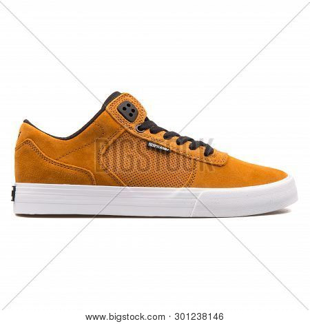 Vienna, Austria - August 10, 2017: Supra Ellington Vulc Yellow Sneaker On White Background.