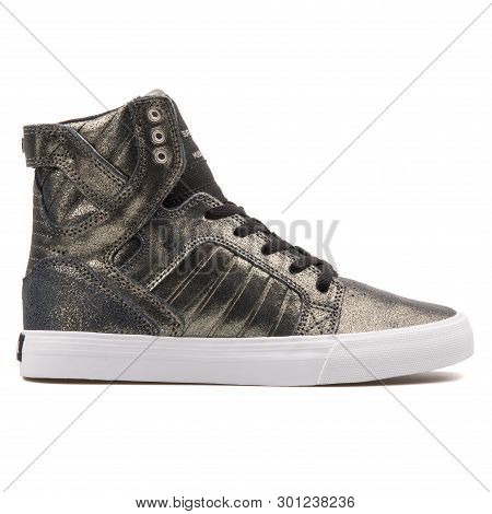 Vienna, Austria - August 10, 2017: Supra Kids Skytop Pewter, Black And White Sneaker On White Backgr