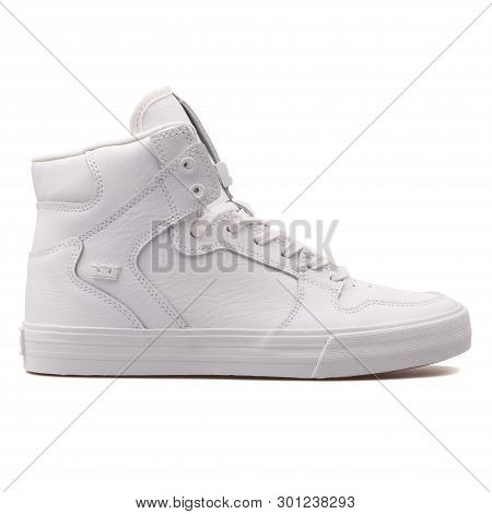 Vienna, Austria - August 10, 2017: Supra Vaider White Sneaker On White Background.