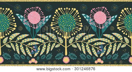 Bohemian Style Border With Pink And Teal Flowers And Leaves. Seamless Geometric Vector Design With G